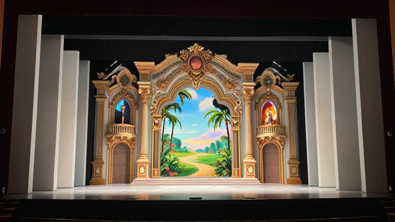 Escenario barroco moderno, luz dramática y colores vivos