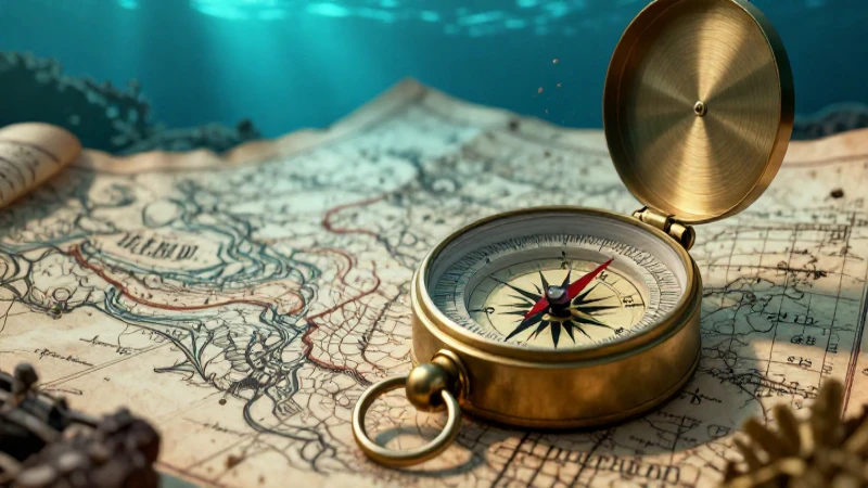 Brújula y mapa históricos en un dramático fondo oceánico