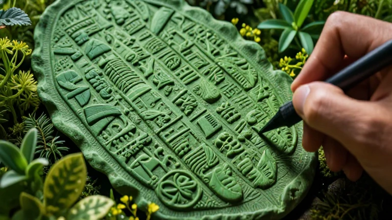 Cuneiforme sobre hojas verdes realistas