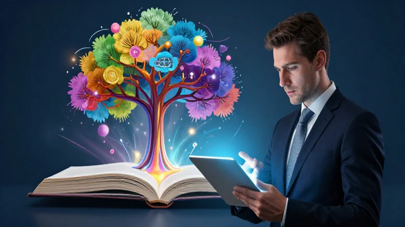 Educador con libro digital frente a un árbol de conocimiento