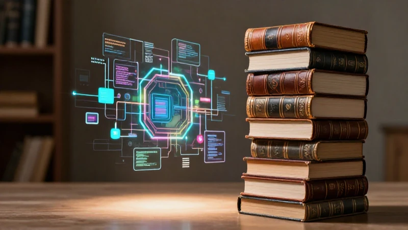 Libros antiguos flotando con datos digitales