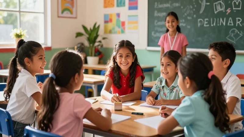 Niños mexicanos alegres y brillantes en una clase moderna