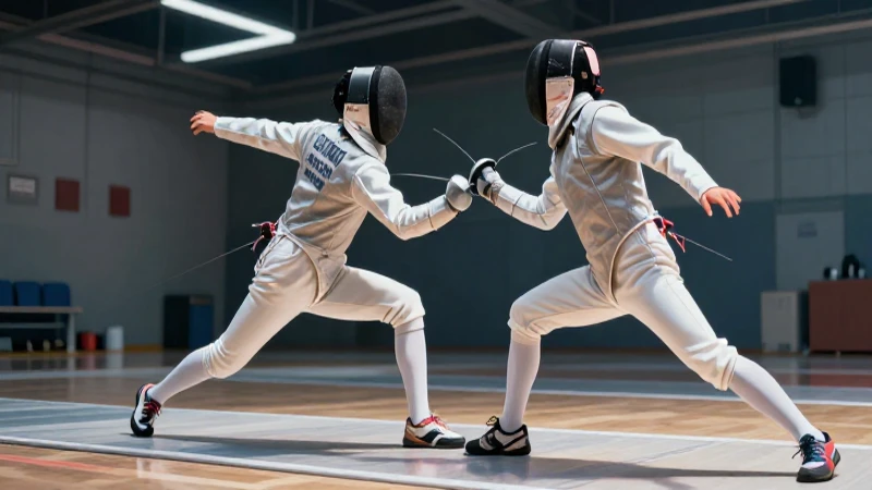 Es un fencer dinámico en una sala moderna