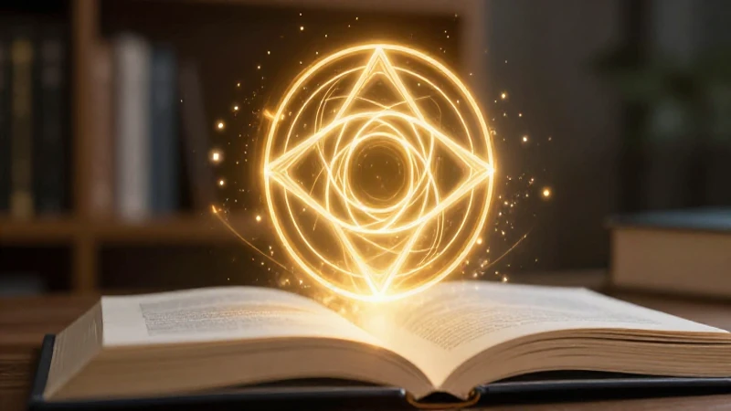 Símbolo dorado mágico sobre libro académico