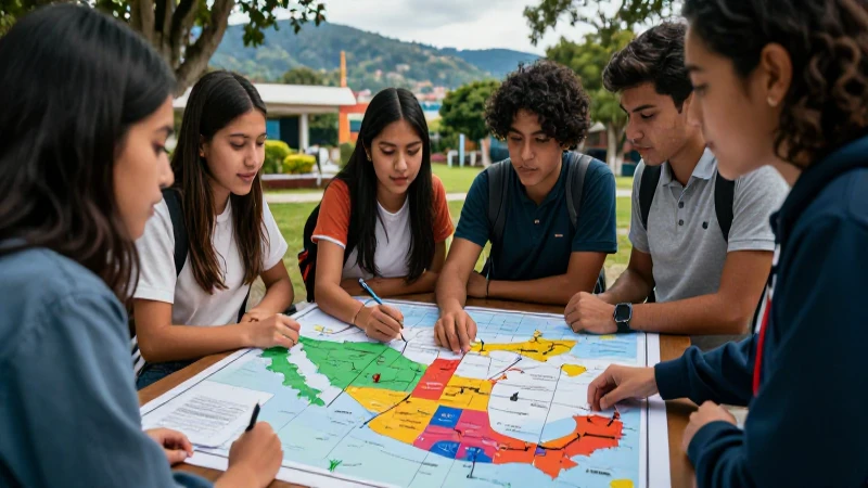 Claves y relevancia de los componentes del espacio geográfico 3 Estudiantes colaboran en un mapa mexicano vibrante