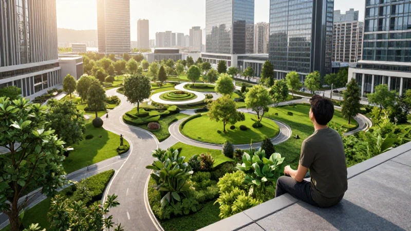 Paisaje urbano sostenible, contemplación y luz dorada