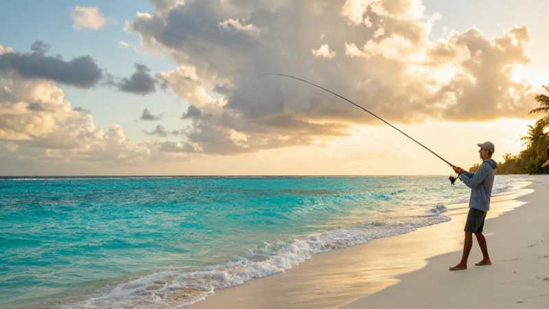 Pesca en playa tropical al atardecer