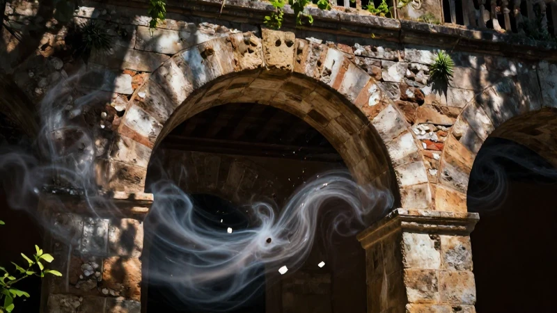 Arco español detallado, con luces dramáticas y fragmentos etéreos