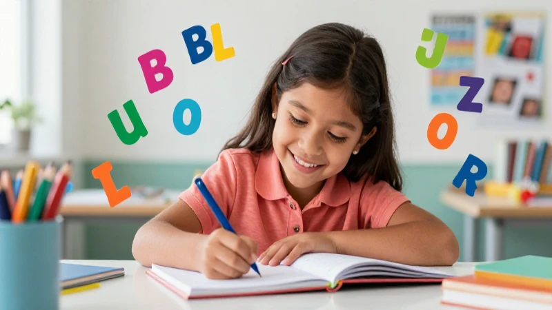 Niña feliz escribiendo en un cuaderno vibrante