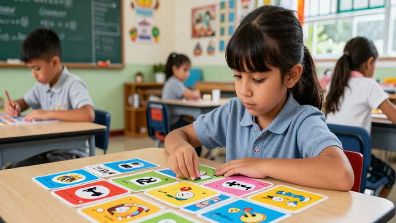 Estudiante primer grado juega con tarjetas educativas