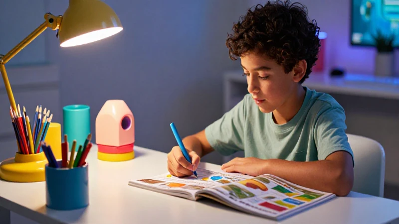Estudiante concentrado con herramientas de aprendizaje vibrantes