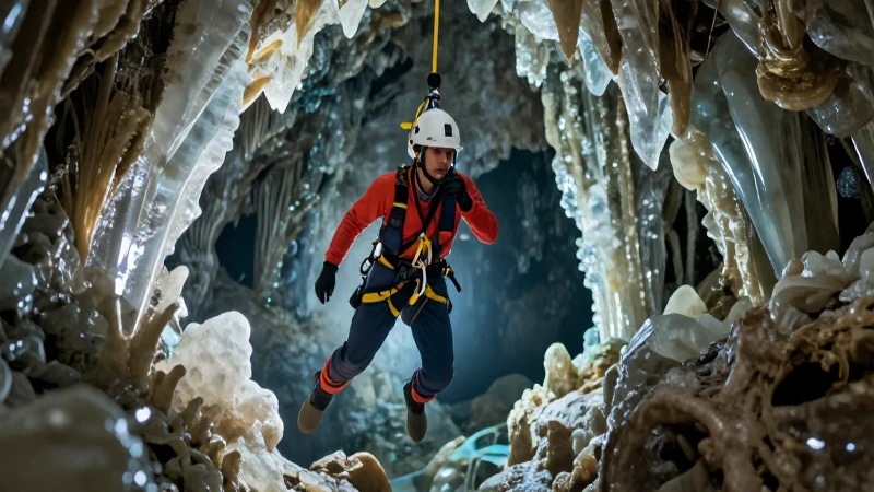 Cavernícola profesional en caverna subacuática con iluminación dramática