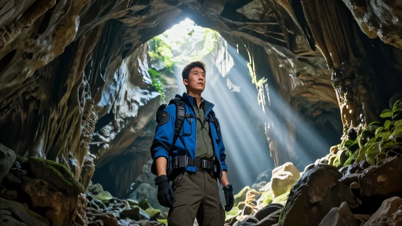 Explorador moderno en cañón subterráneo hiperrealista