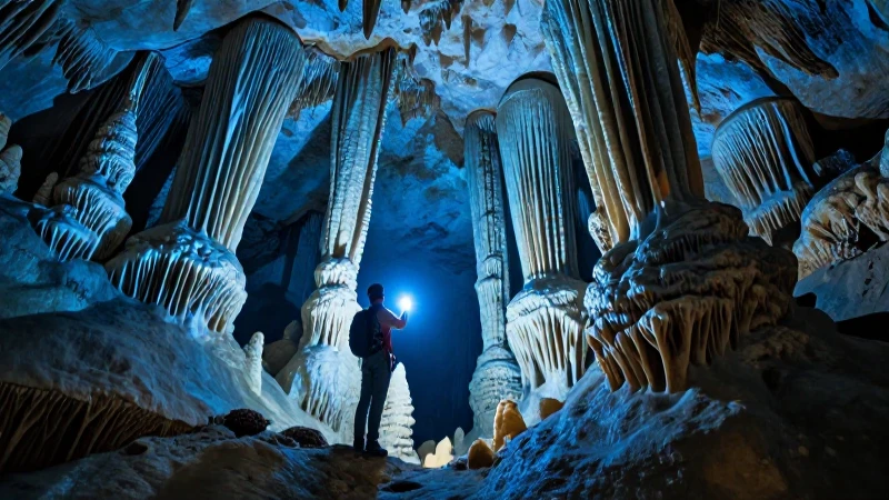 Explorador en caverna subterránea iluminada dramáticamente