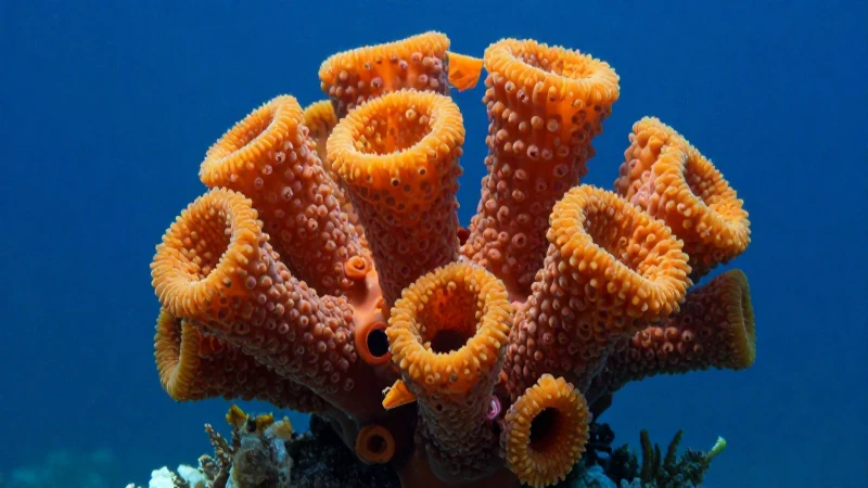 Es un coral vibrante en el océano azul