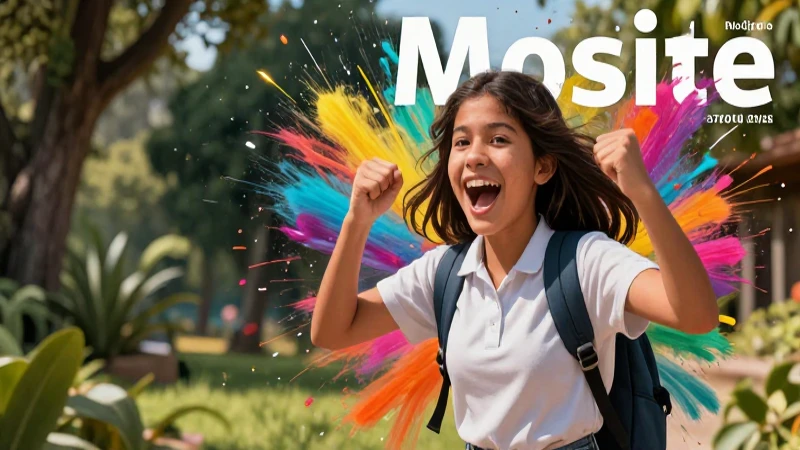 Revista educativa vibrante con estudiante espontáneo