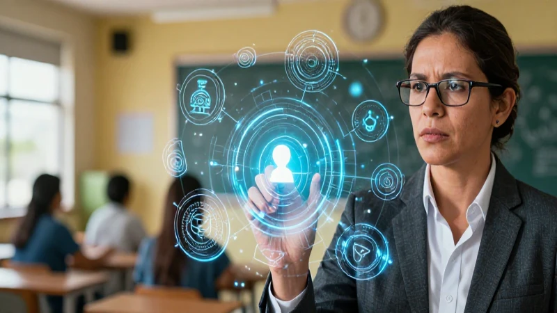 Educador mexicano futurista con esquema conceptual luminoso