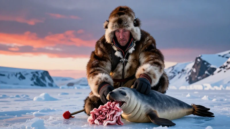 Cazador inuit en paisaje ártico real