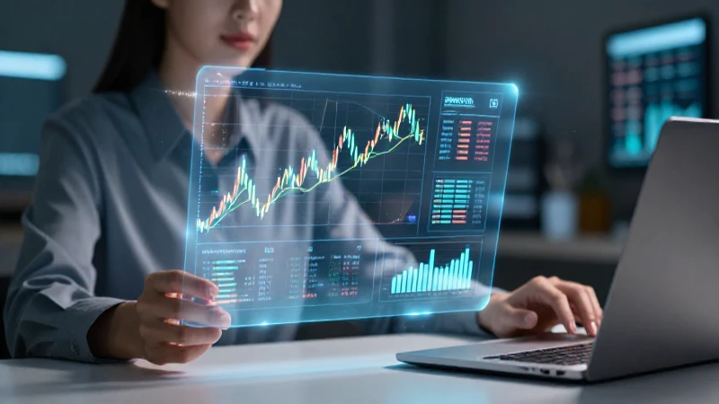 Analista financiero joven frente a gráficos holográficos