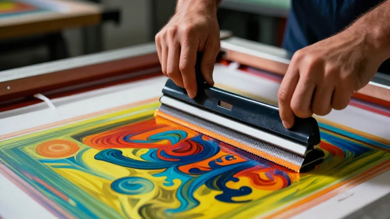 Manos estampando arte vibrante en tela de algodón