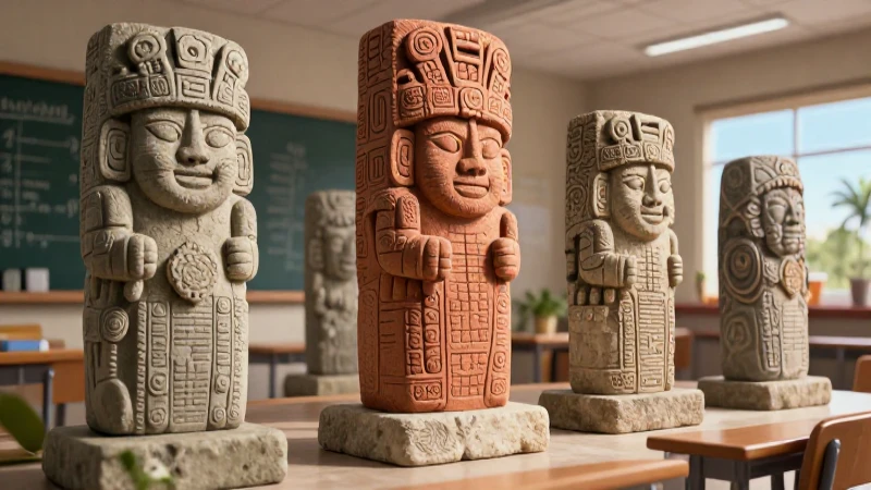 Esculturas mayas detalladas en un aula moderna