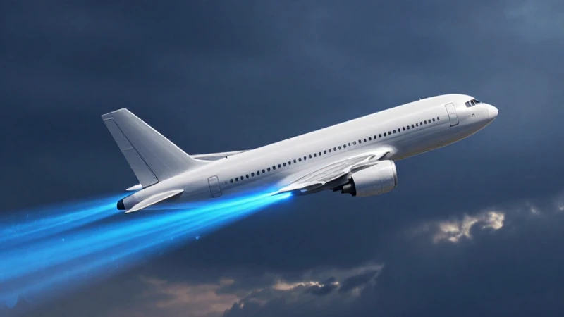 Avión moderno azul sobre cielo dinámico