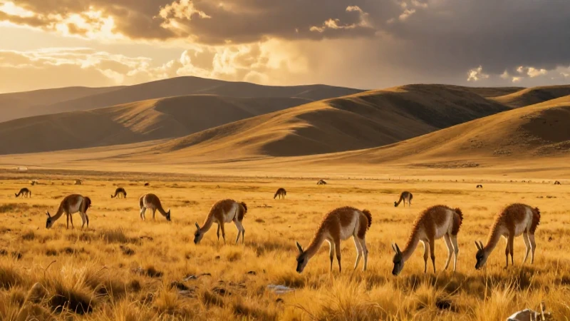 Estepa: Definición, Tipos y Usos de Este Ecosistema 3 Ecosistema de estepa dorada con guanacos realistas