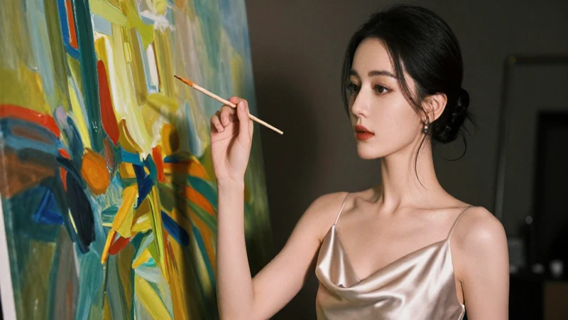 Esteta: Definición, concepto y su importancia en el arte 5 Mujer elegante y pintura abstracta dramática