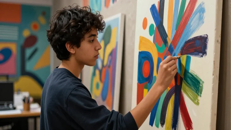 Esteta: Definición, concepto y su importancia en el arte 7 Estudiante mexicano interactúa con arte abstracto vibrante
