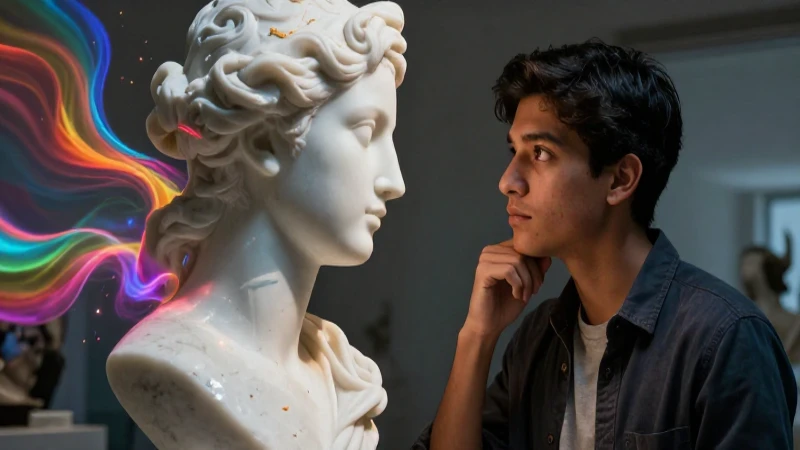 Estéticas: Concepto, Historia y Cualidades Estéticas 6 Joven mexicano observa escultura con luz cinematográfica