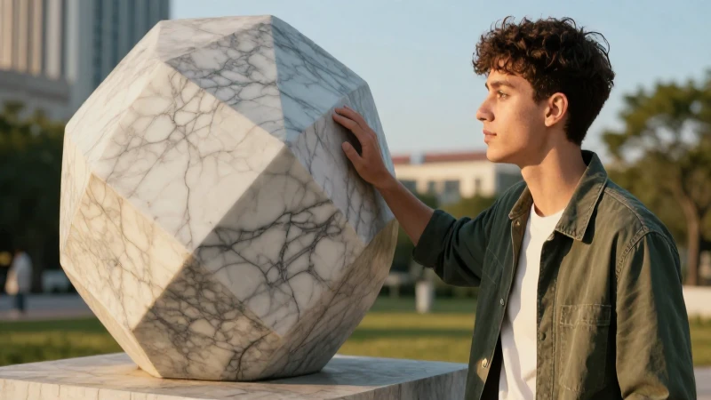 Joven contempla escultura geométrica bajo luz dorada