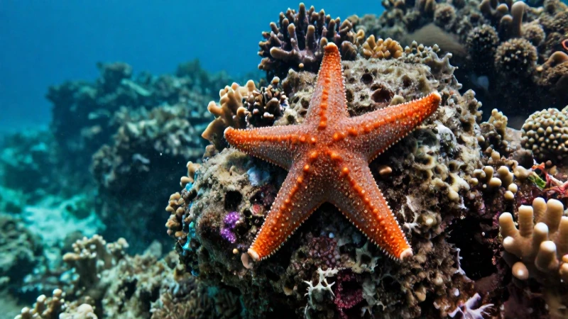 Estrella de mar vibrante en coral submarino