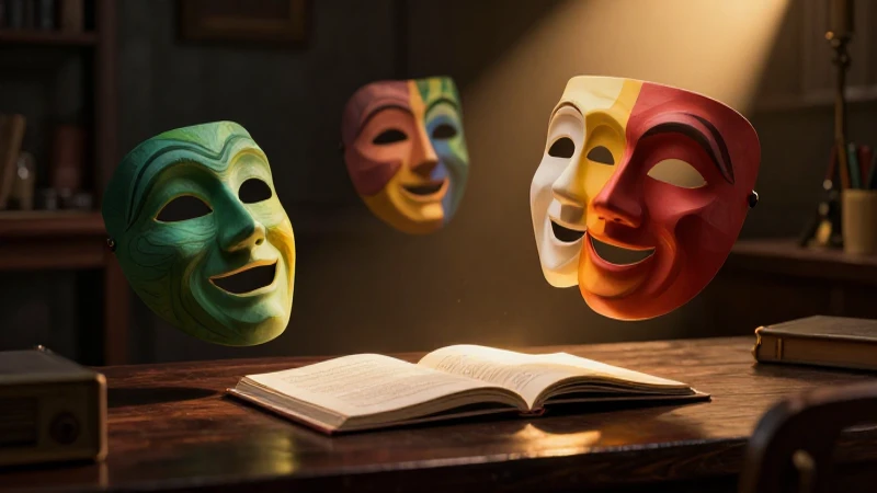 Estructura del Guión Teatral: Claves para su Creación 3 Drama teatral con máscaras y foco dorado
