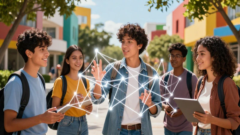 Estudiante mexicano interactúa con red geométrica