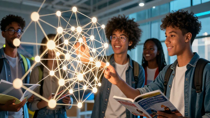 Estudiante moderno en red abstracta brillante y detallada