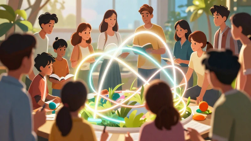 Ilustración digital vibrante de jóvenes colaborando en estructuras abstractas
