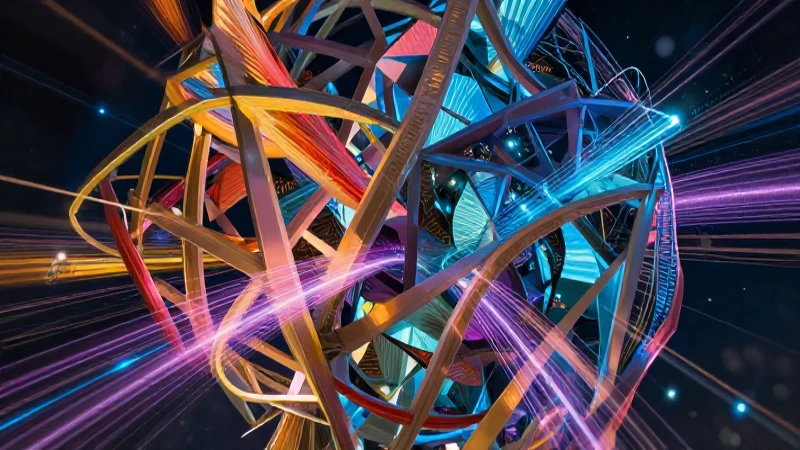 Estructura geométrica futurista con luces y datos