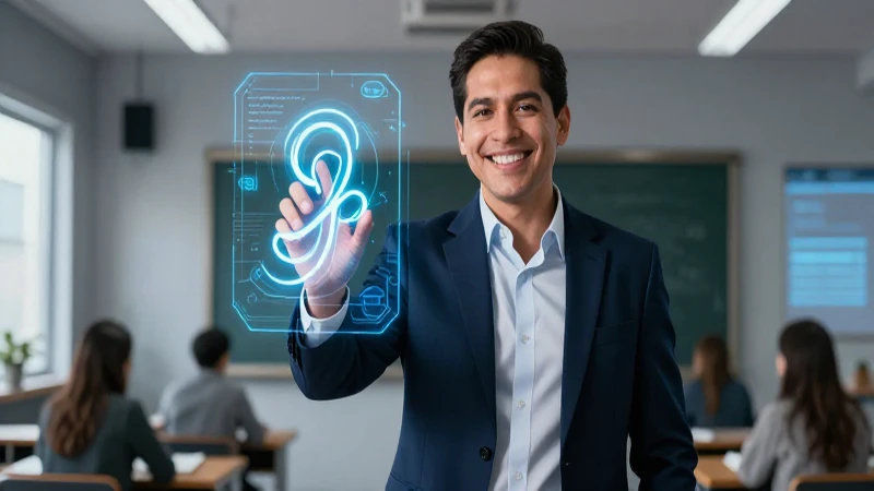 Educador mexicano profesional con símbolos gramaticales brillantes