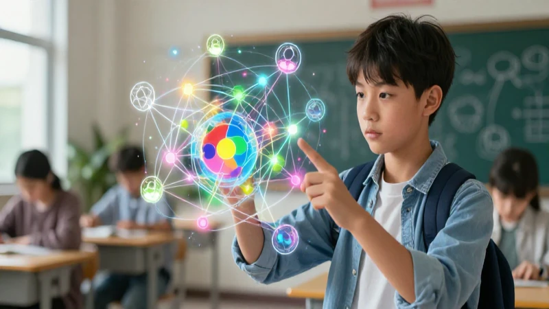 Estudiante interactúa con red conceptual vibrante