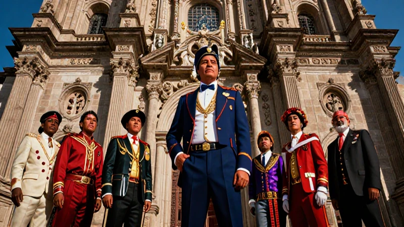 Conoce las etapas del virreinato: de la conquista al declive 3 Fachada colonial con figuras indígenas vibrantes