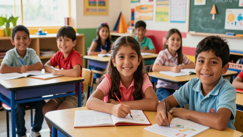 Niños sonriendo en un aula mexicana
