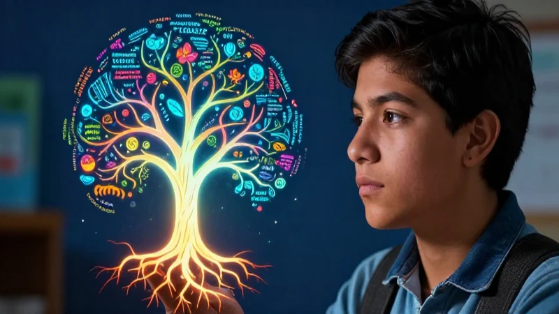 Estudiante mexicano mira árbol lingüístico brillante