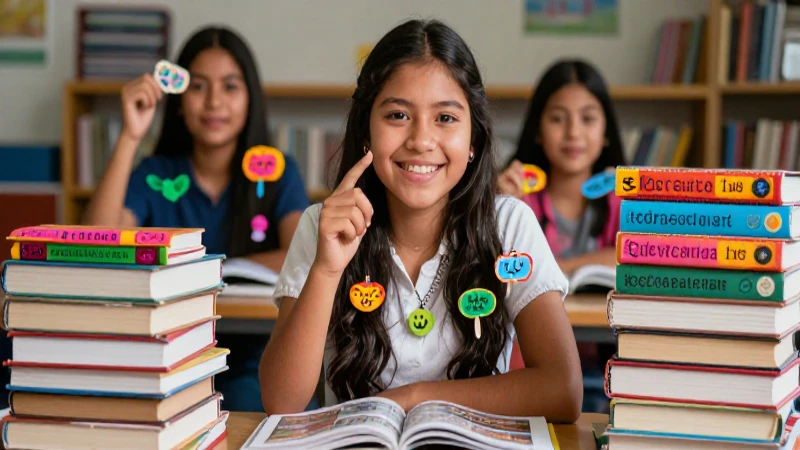 Estudiante mexicano sonriente con libros y etiquetas coloridas