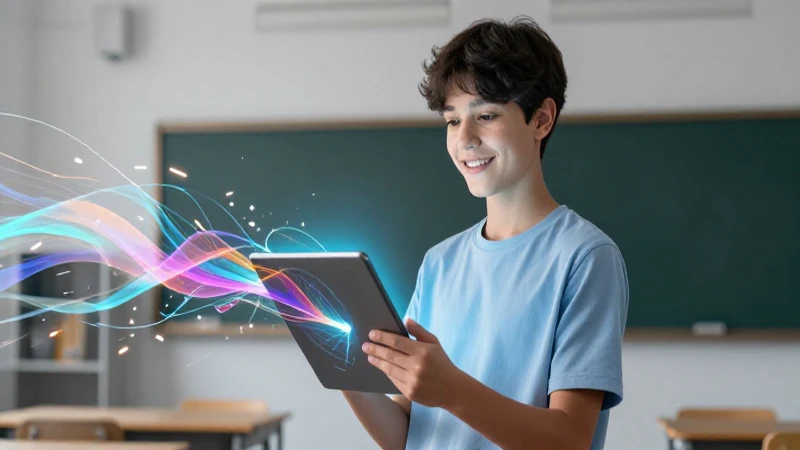 Potencia el rendimiento académico con la nueva evaluación escolar 3 Joven estudiante con tablet futurista y datos vibrantes