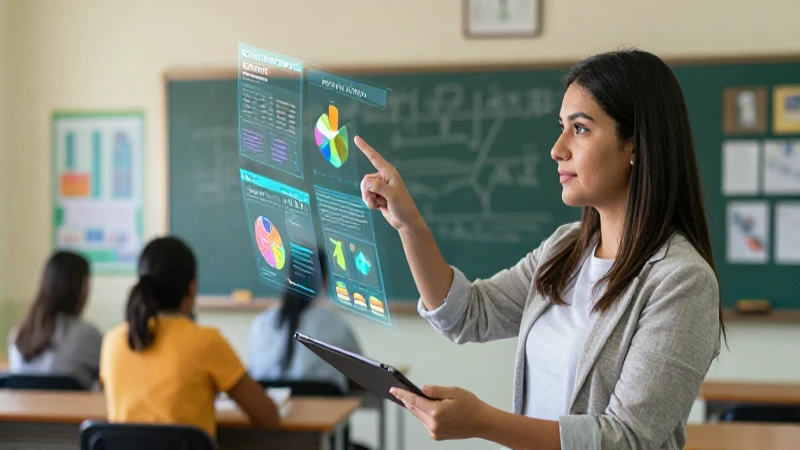 Educadora analiza datos en un aula moderna