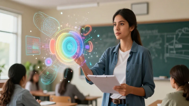 Educadora mexicana flotando con datos educativos abstractos