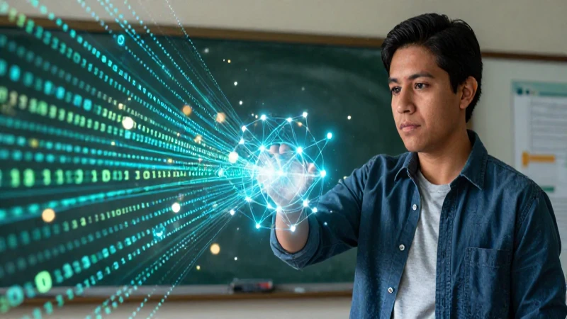 Evento: qué es, tipos en informática y ejemplos prácticos 6 Educador mexicano con datos digitales vibrantes