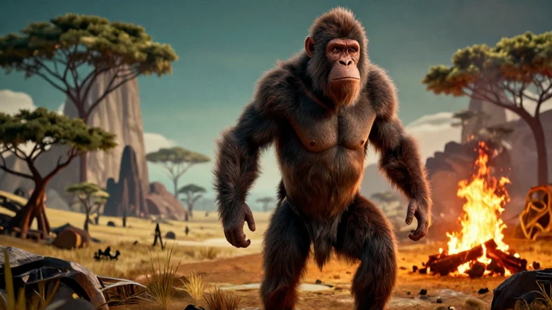 Retrato dinámico de Homo sapiens en paisaje prehistórico