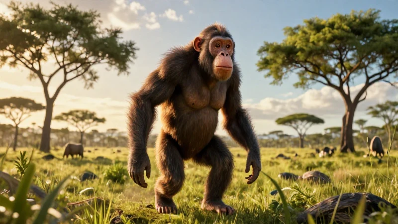 Australopithecus en una savana al atardecer