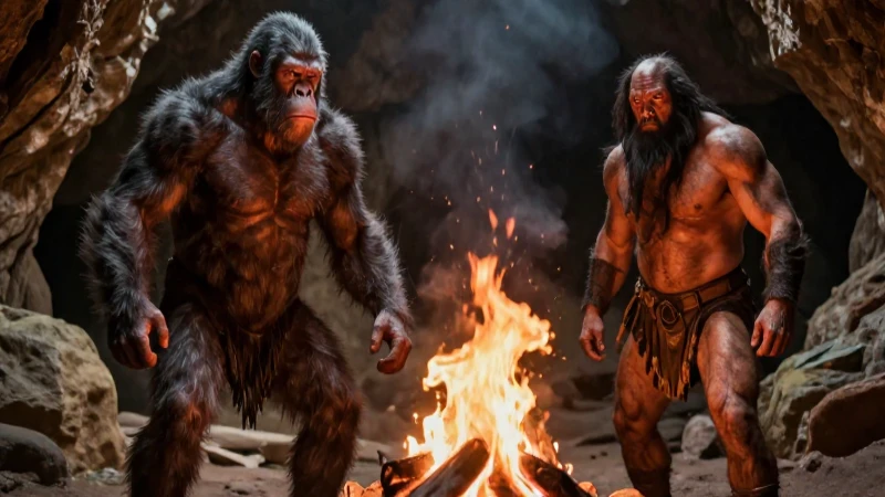 Hombre y Neandertal en fuego primitivo